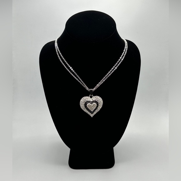 Napier Black Clear Ice‎ Rhinestone Heart Silver Necklace Vintage 1996 #462